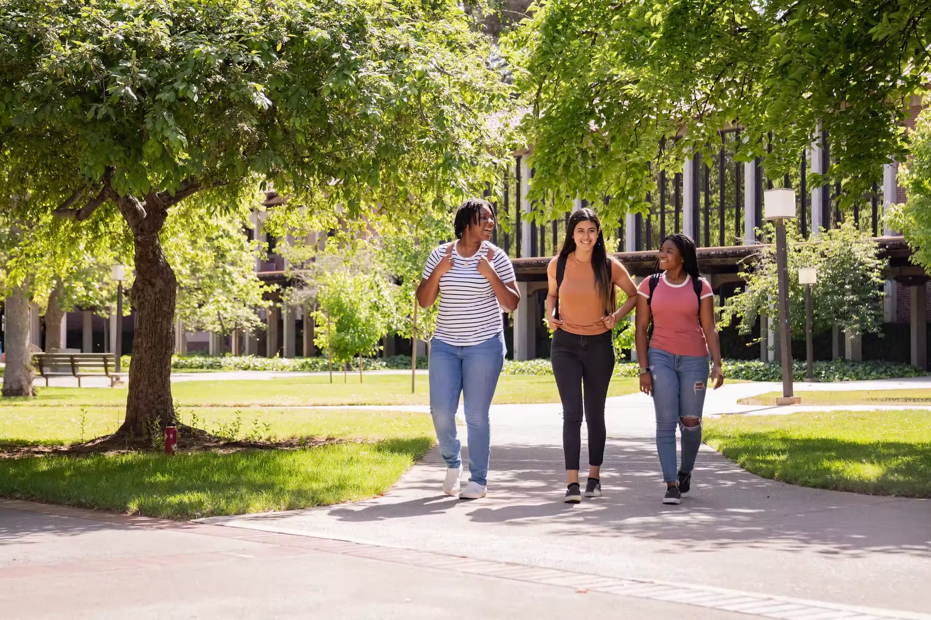Three students walking down a path surrounded by trees on the campus of Sacramento City College