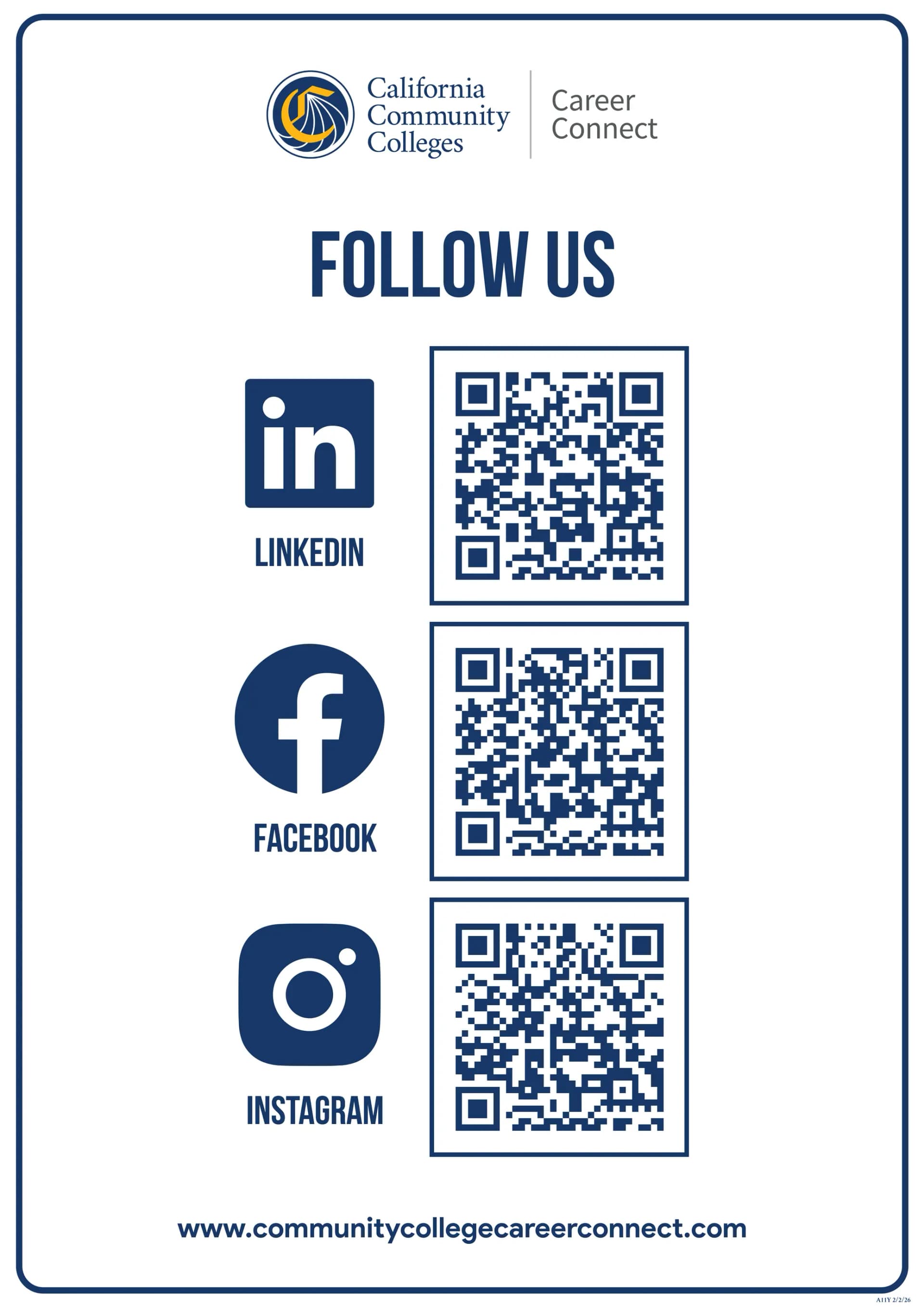 Follow us on social media: Facebook, LinkedIn, and Instagram. Scan QR codes to connect.